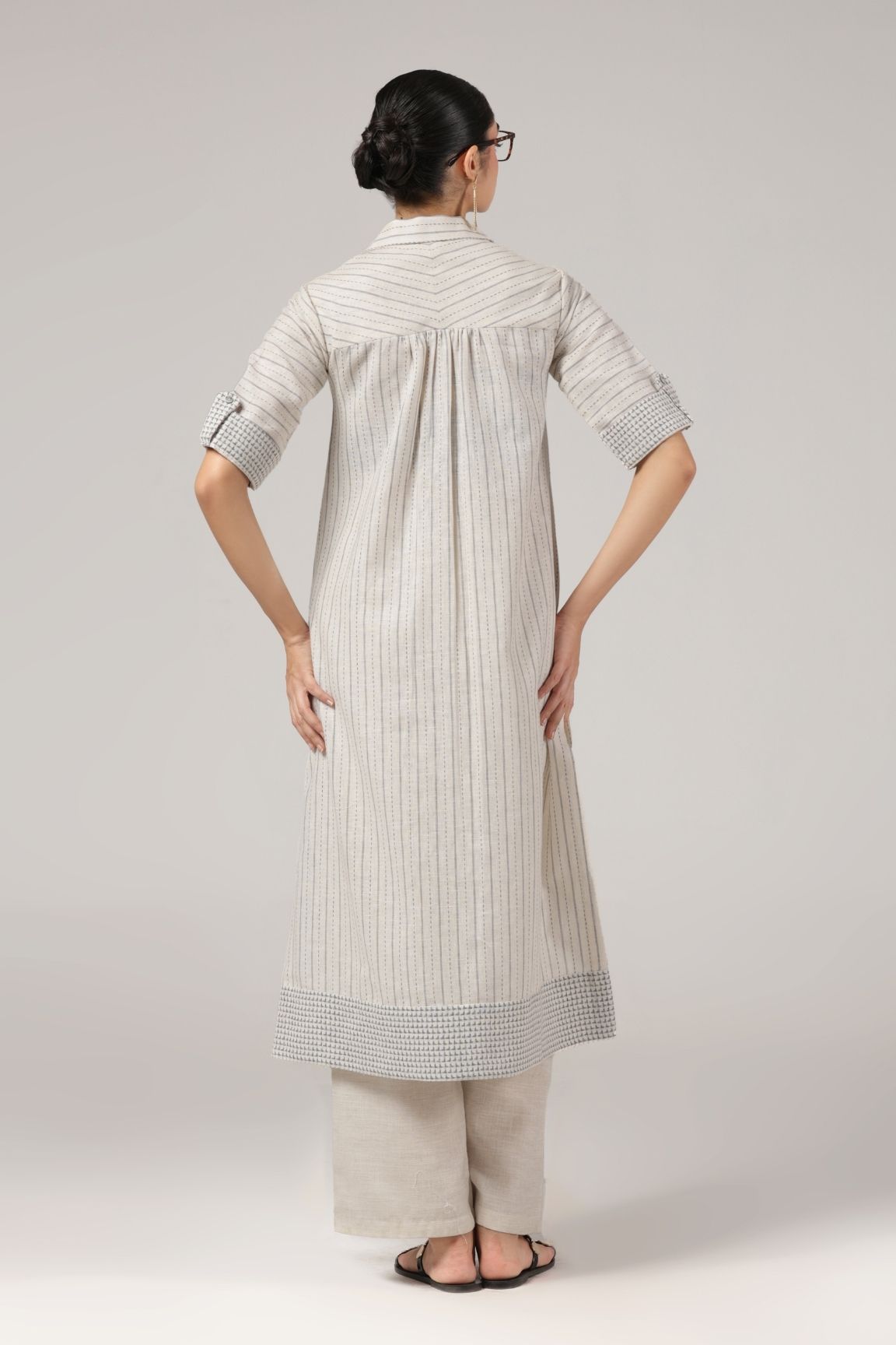 Beige Striped Embroidered Linen Kurta Set