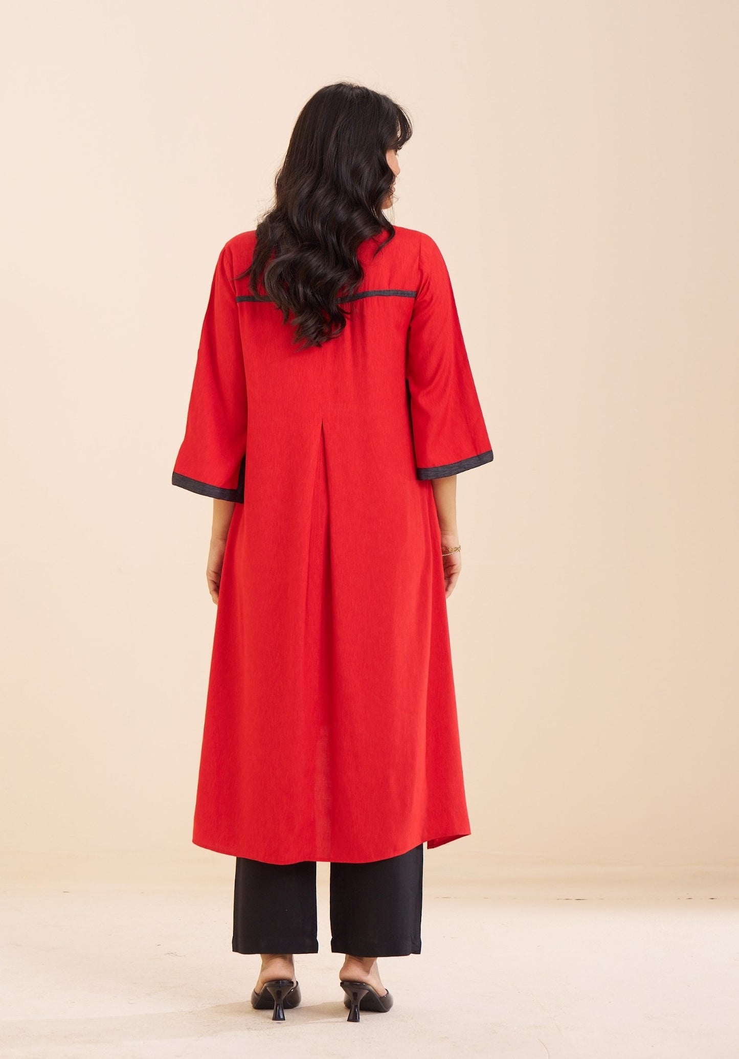 Classic Red V-Neck Kurta with Pleat Detailing in Viscose Blend