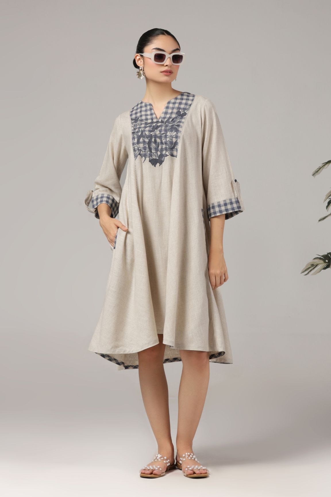 Beige and Navy Handloom Cotton High-Low Dress