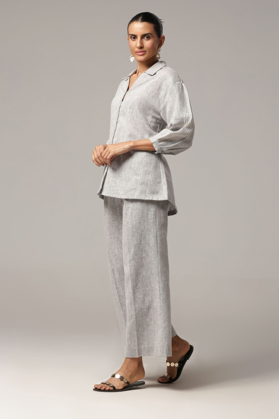 Grey Textured Floral Embroidered Cotton shirt