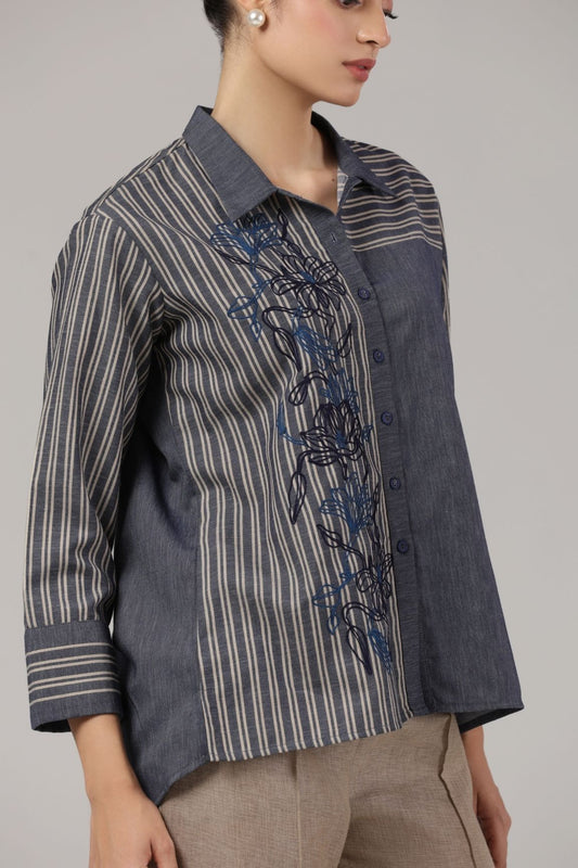 Denim Blue Striped Embroidered Cotton Shirt