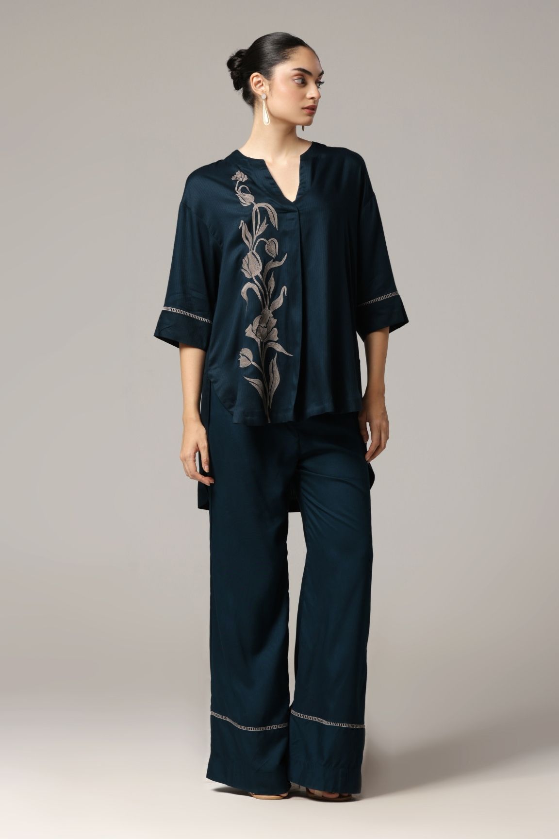 Teal Blue Floral Embroidered Cotton Satin Coord Set