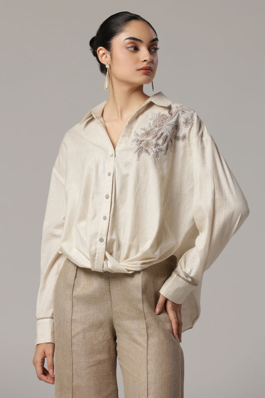 Beige Floral Embroidered Relaxed Fit Shirt