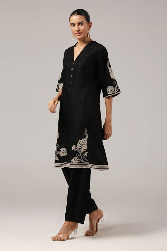 Black Floral Embroidered Organic Cotton Kurta Set