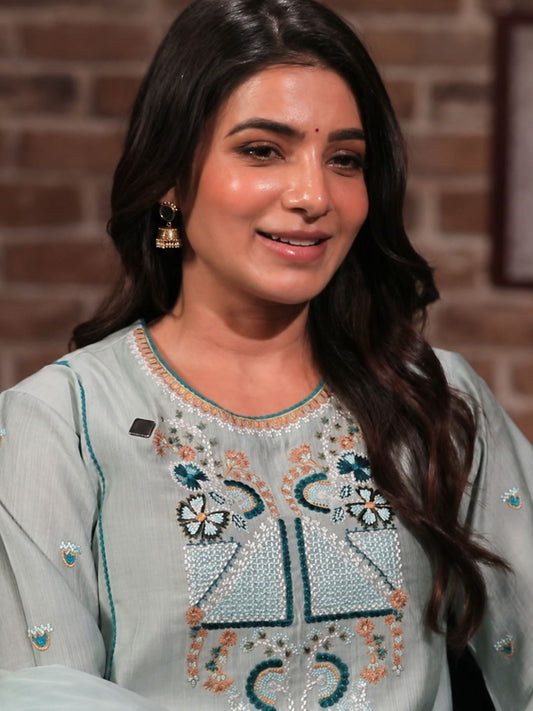 Mint & Teal Viscose Embroidered A-Line Suit Set