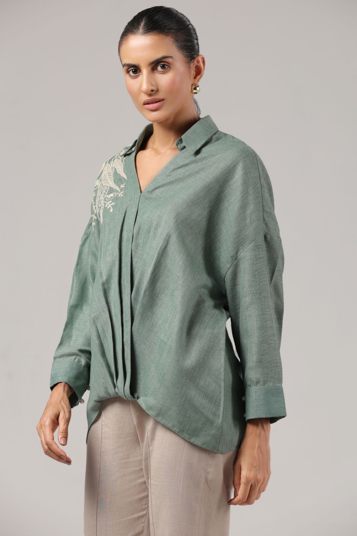 Sage Green Embroidered Collared Relaxed Shirt