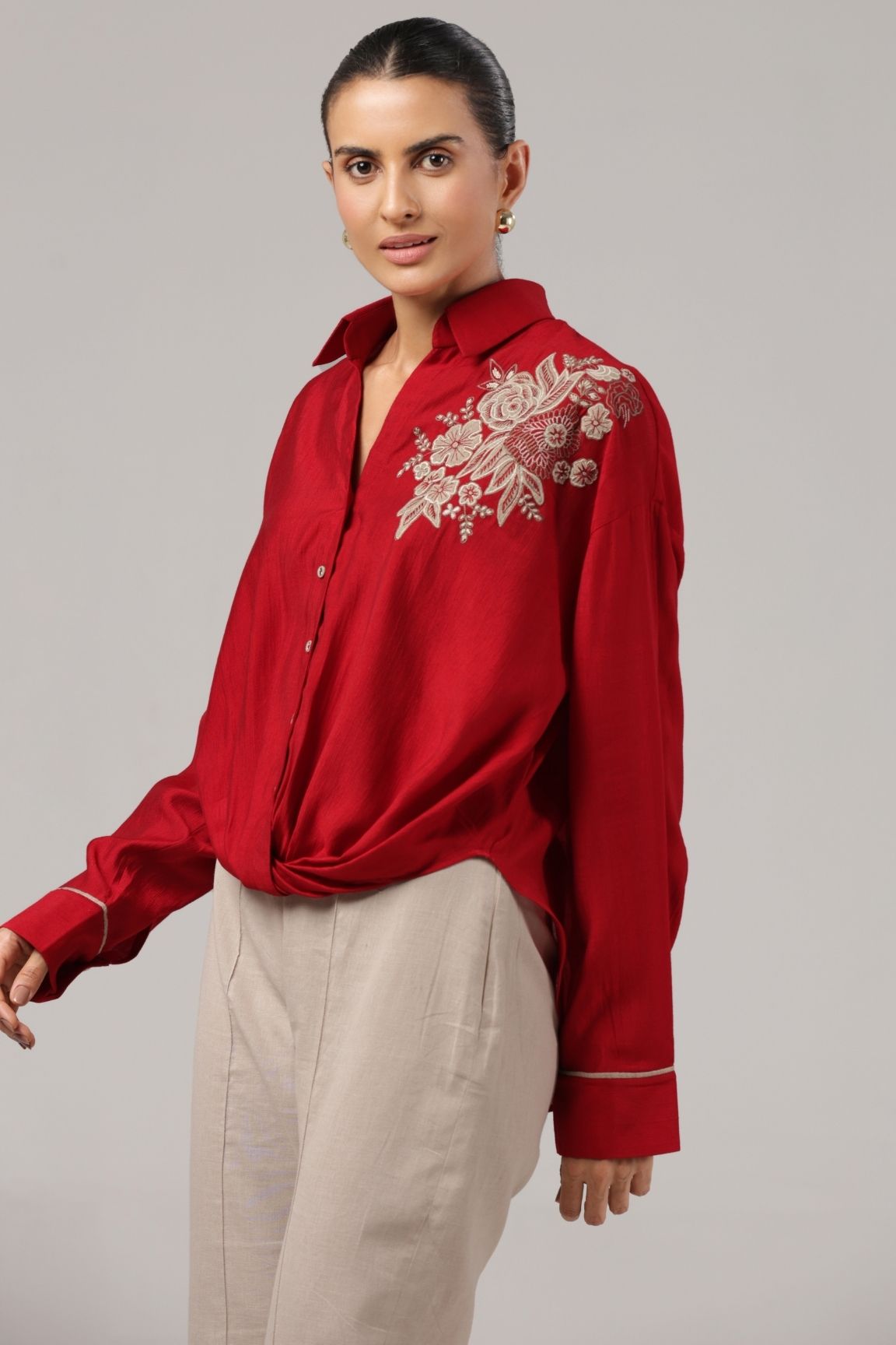 Red Floral Embroidered Button-Down Shirt