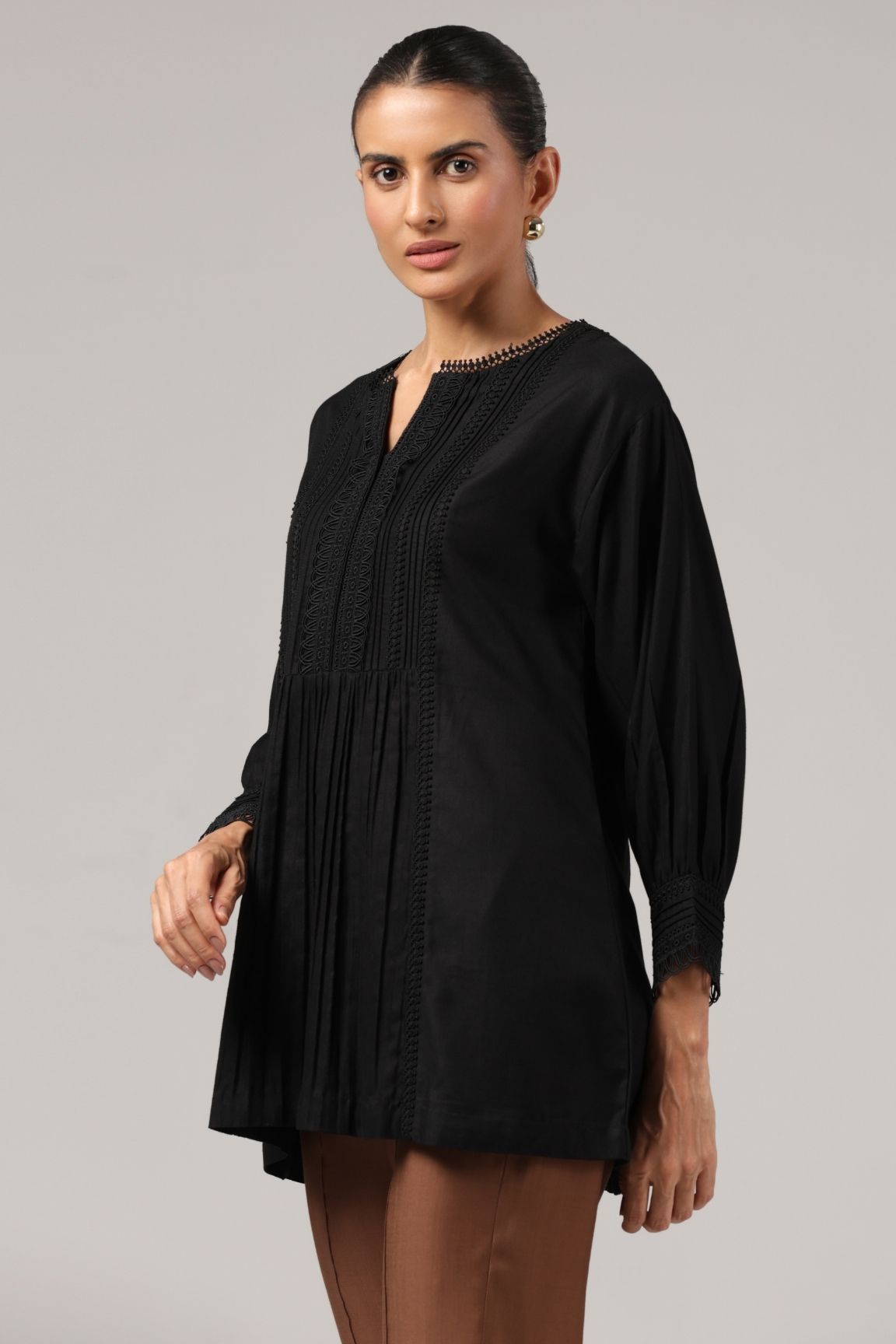 Black Textured Pleated Organic Cotton Top