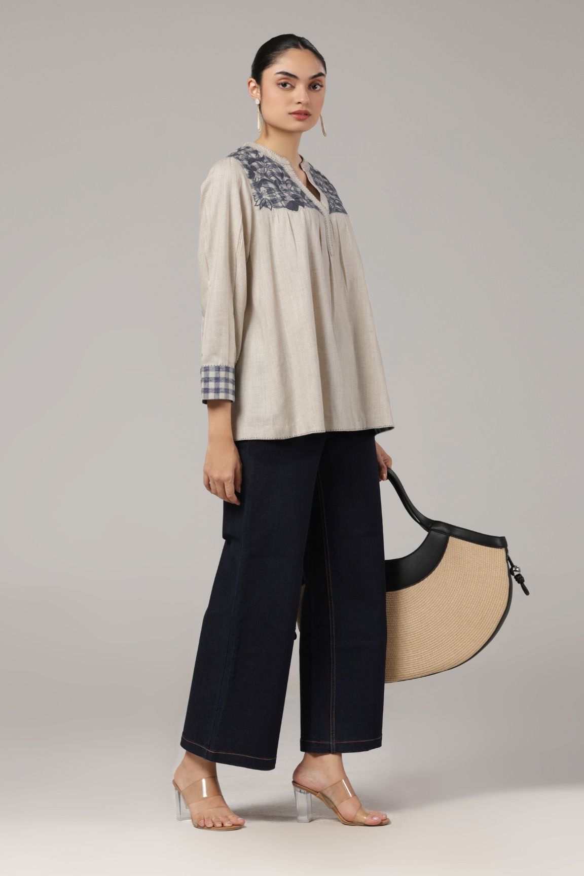 Off-White Embroidered Yoke Soft Cotton Top