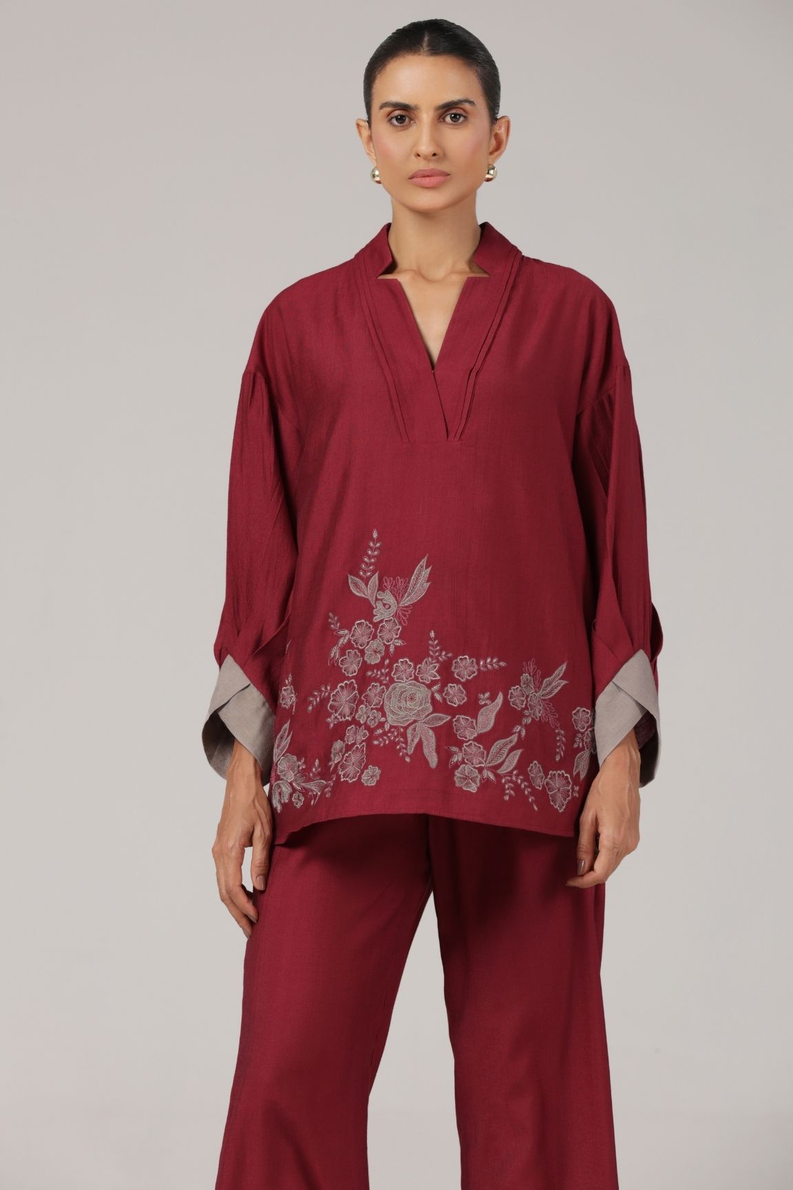 Wine Floral Embroidered Relaxed Co-ord Set