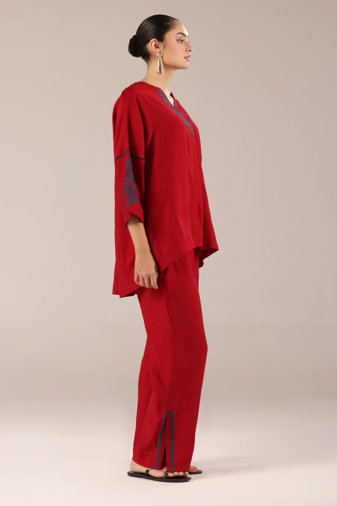 Red Floral Embroidered Relaxed Co-ord Set