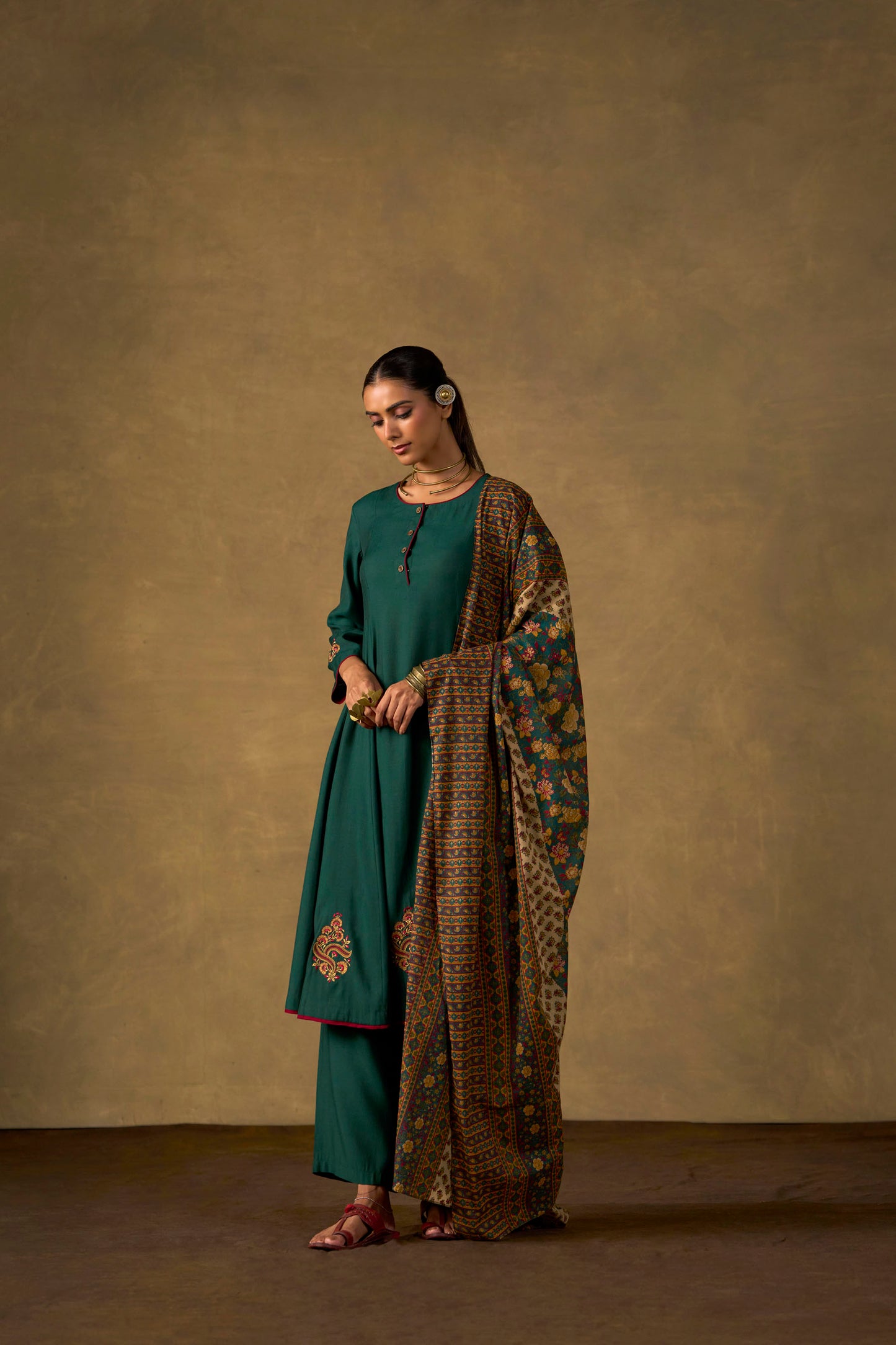 Emerald Ease Embroidered Kurta Set with Printed Dupatta
