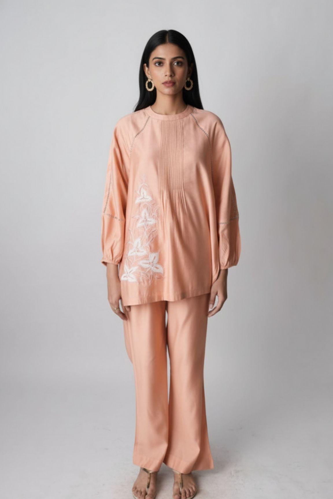 Peach Floral Embroidered Satin Co-ord Set
