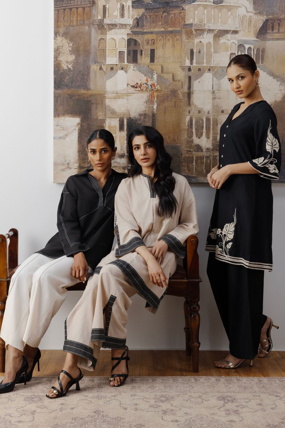 Black Contrast Stitch Cotton Linen Blend Top