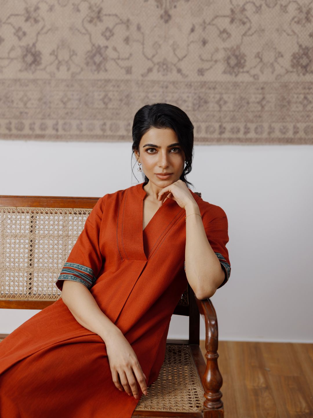 Cotton Kurta Set with Contrast Detailing & Tassel Scarf