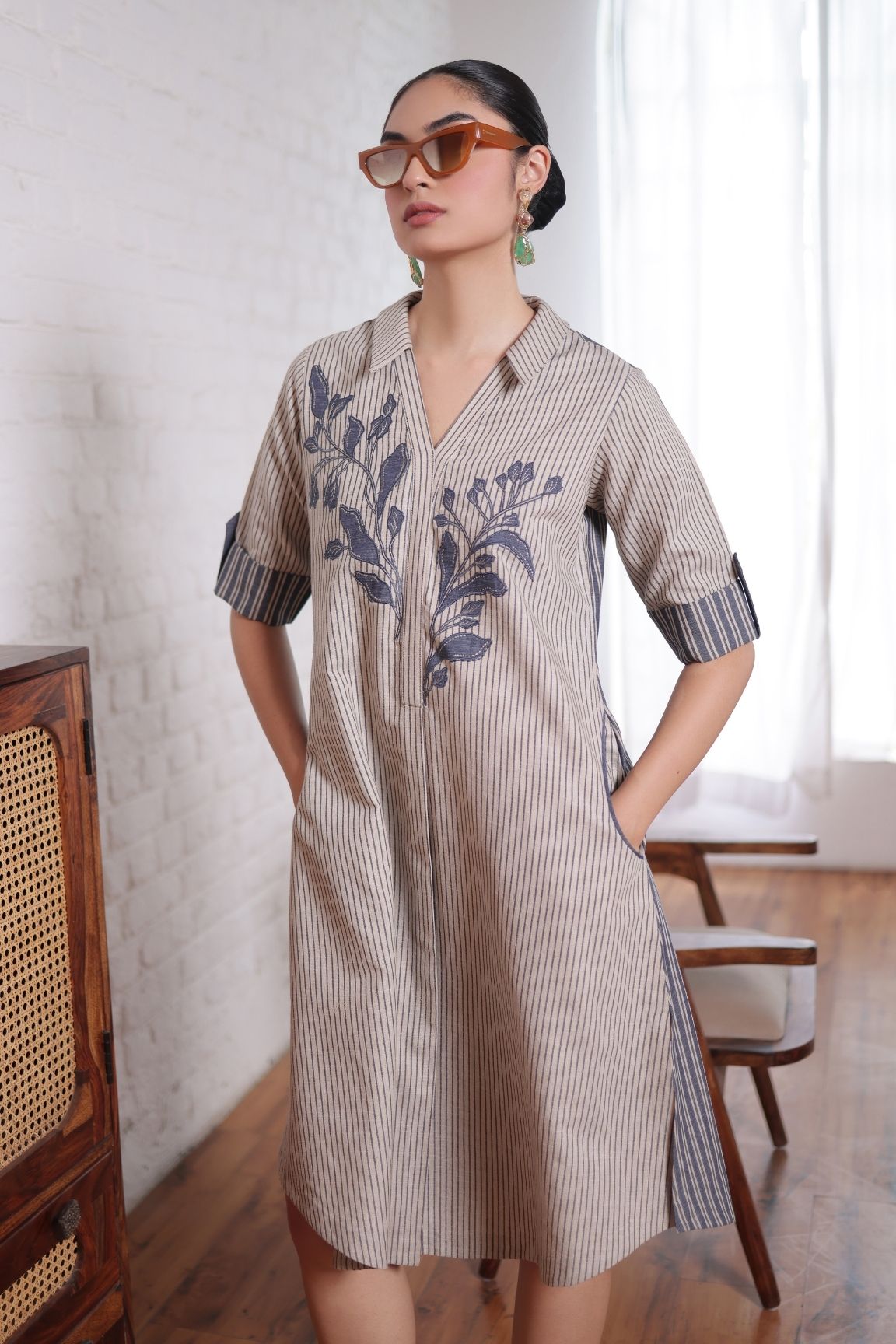 Beige & Blue Striped Embroidered Shirt Dress