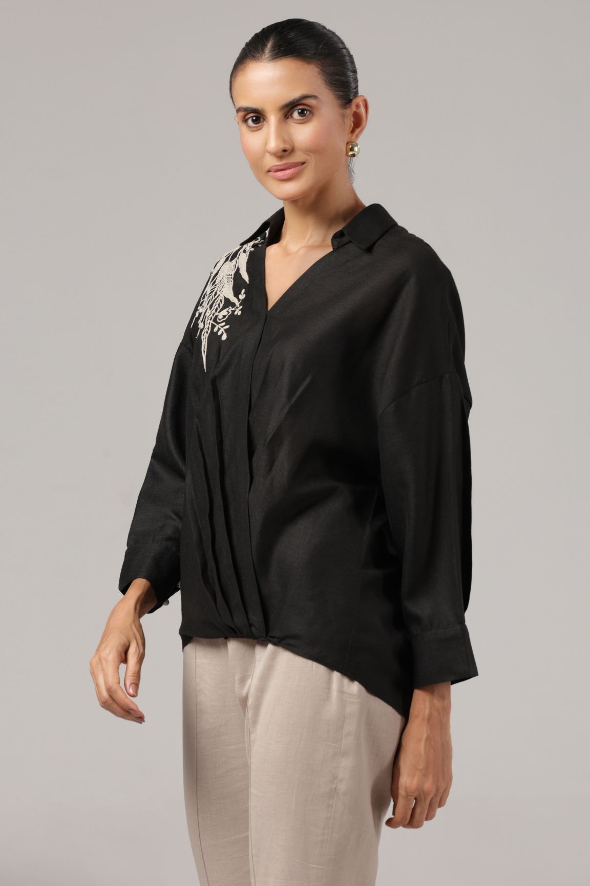 Black Embroidered Wrap-Style Cotton Shirt
