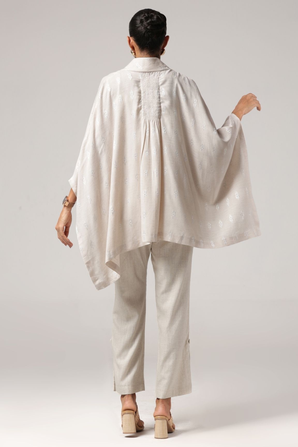 Off-White Textured Drape Overlay Cotton Blazer Set