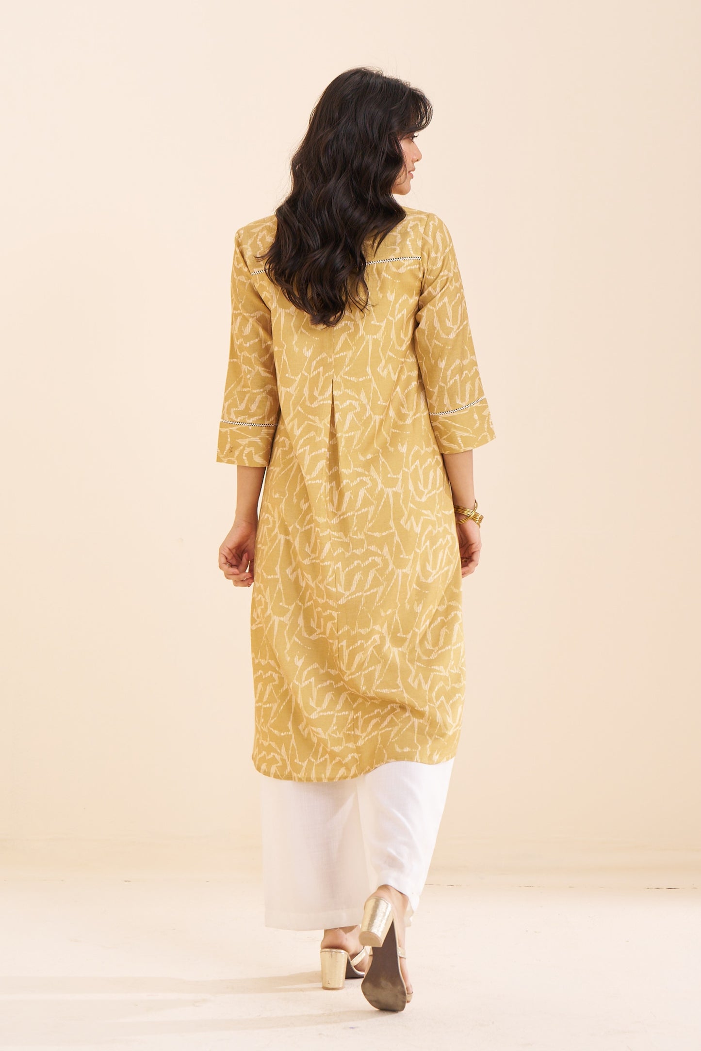 Graceful Mustard Linen Blend Kurta with Modern Prints
