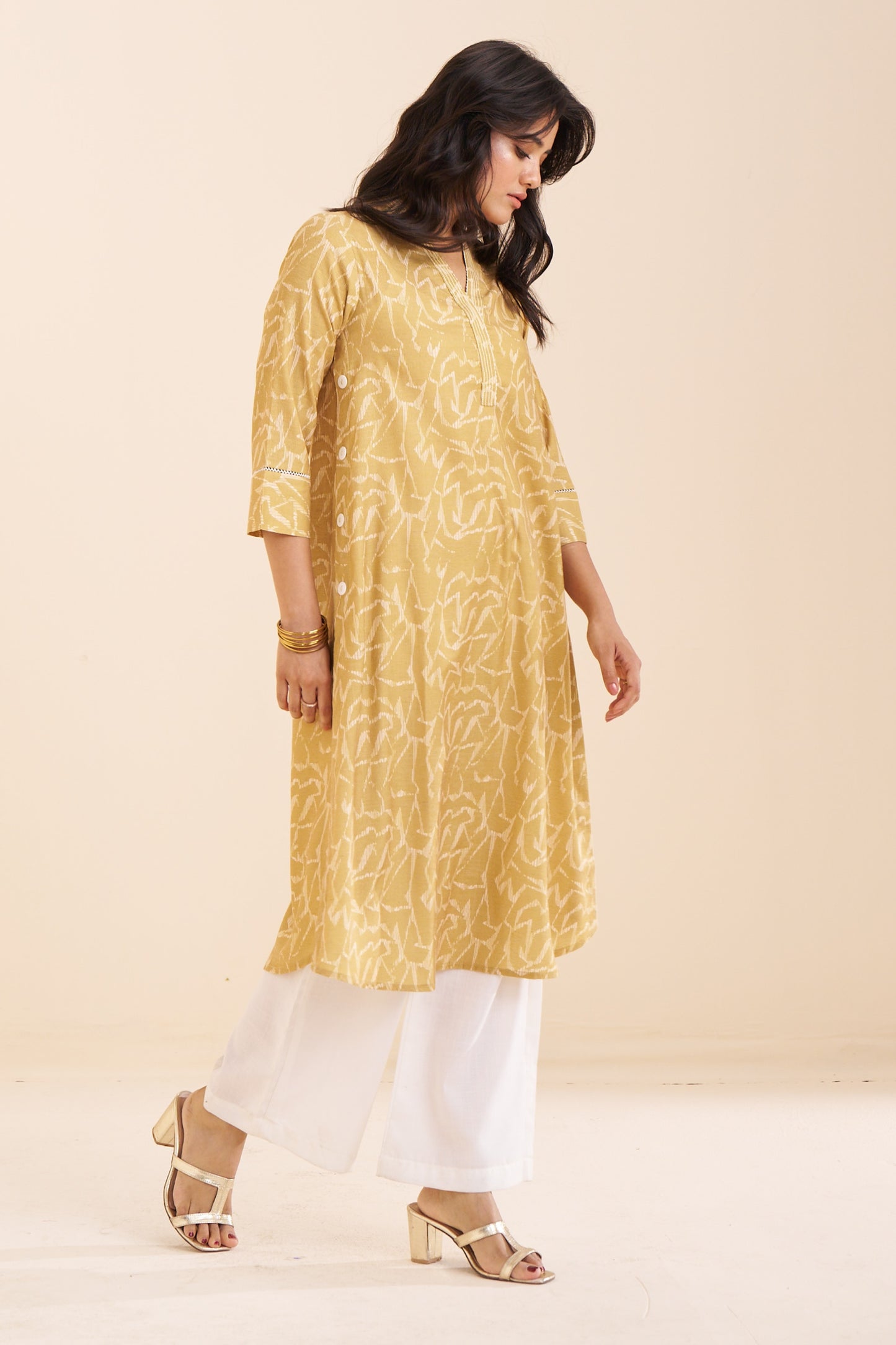 Graceful Mustard Linen Blend Kurta with Modern Prints