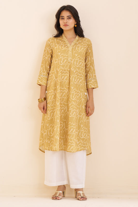 Graceful Mustard Linen Blend Kurta with Modern Prints