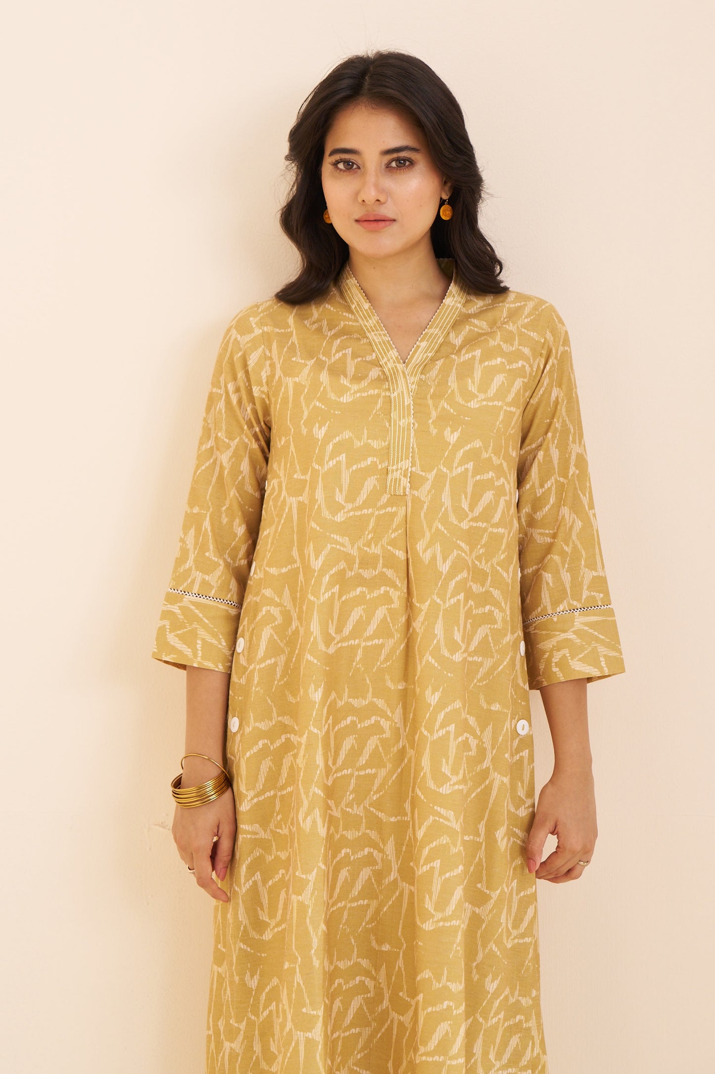Graceful Mustard Linen Blend Kurta with Modern Prints