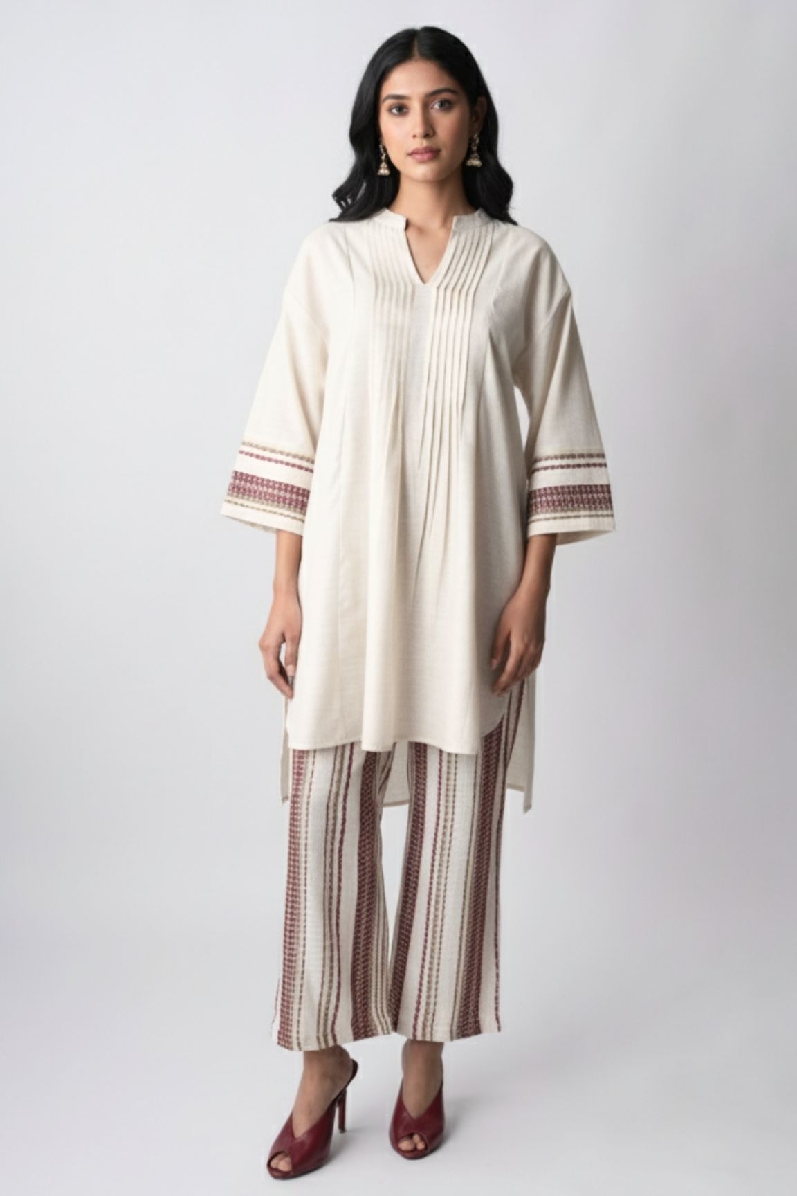 Cream & Maroon Handwoven Striped Cotton Kurta Set