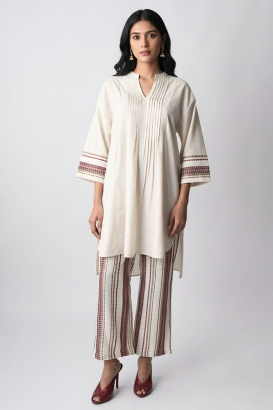 Cream & Maroon Handwoven Striped Cotton Kurta Set