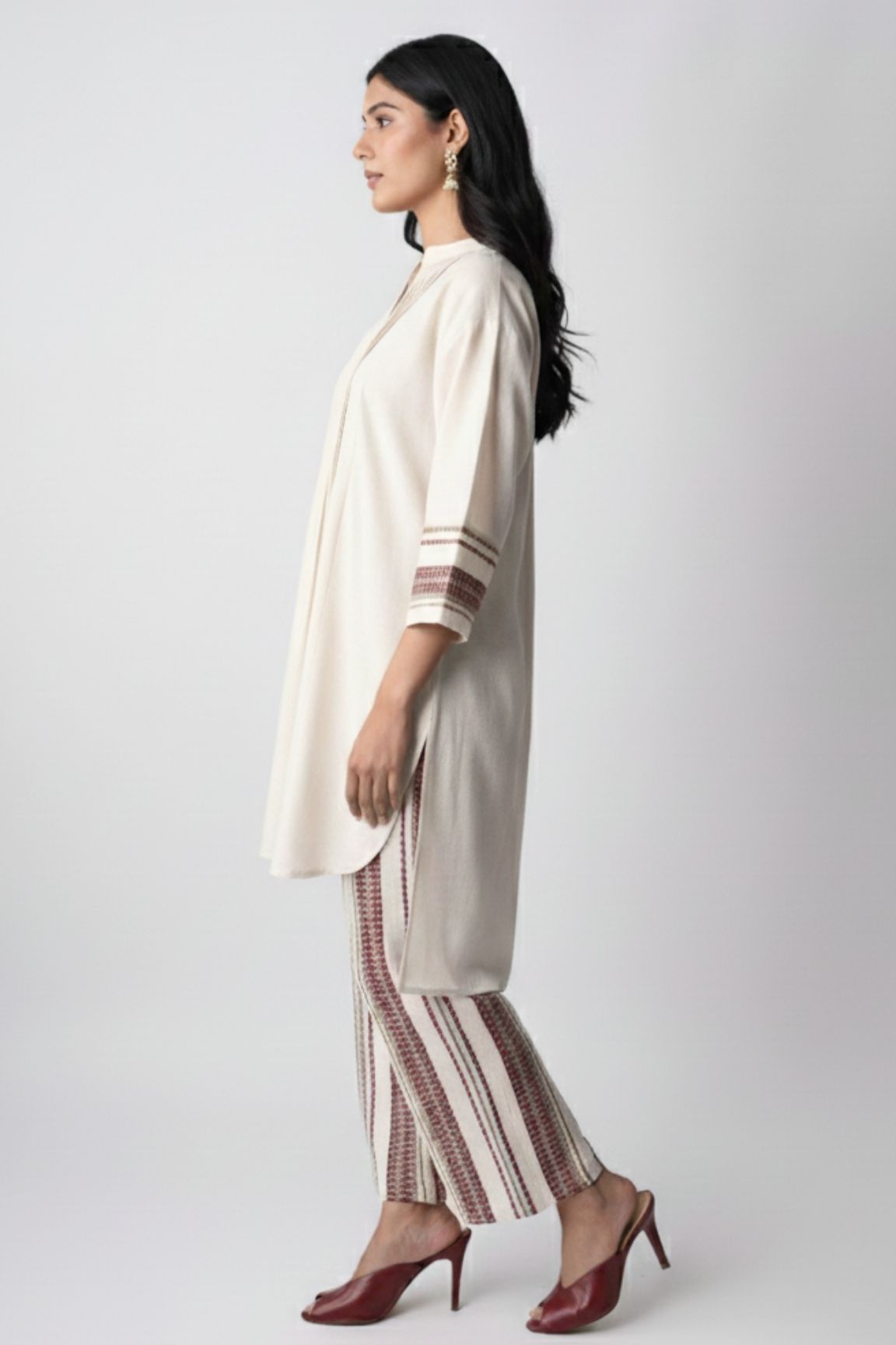 Cream & Maroon Handwoven Striped Cotton Kurta Set