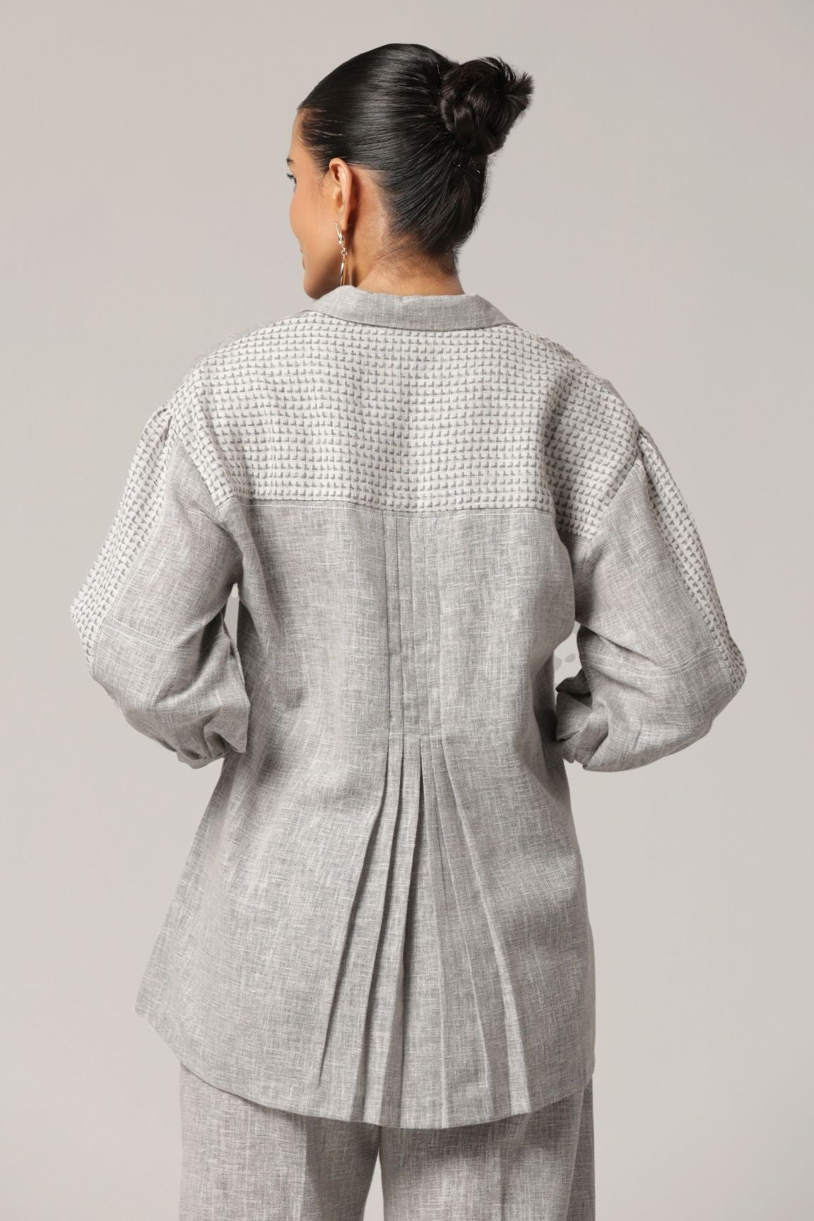 Grey Textured Floral Embroidered Cotton shirt