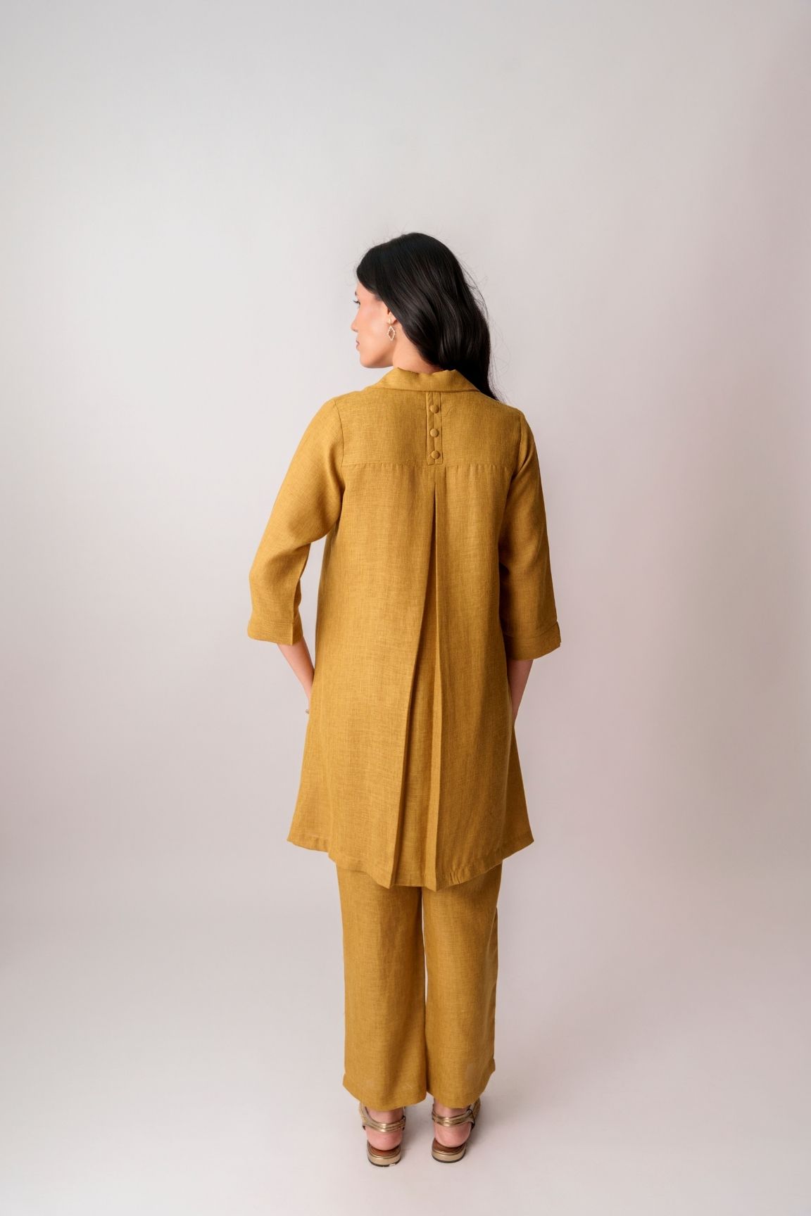 Mustard Linen Blend Button-Down Kurta Set