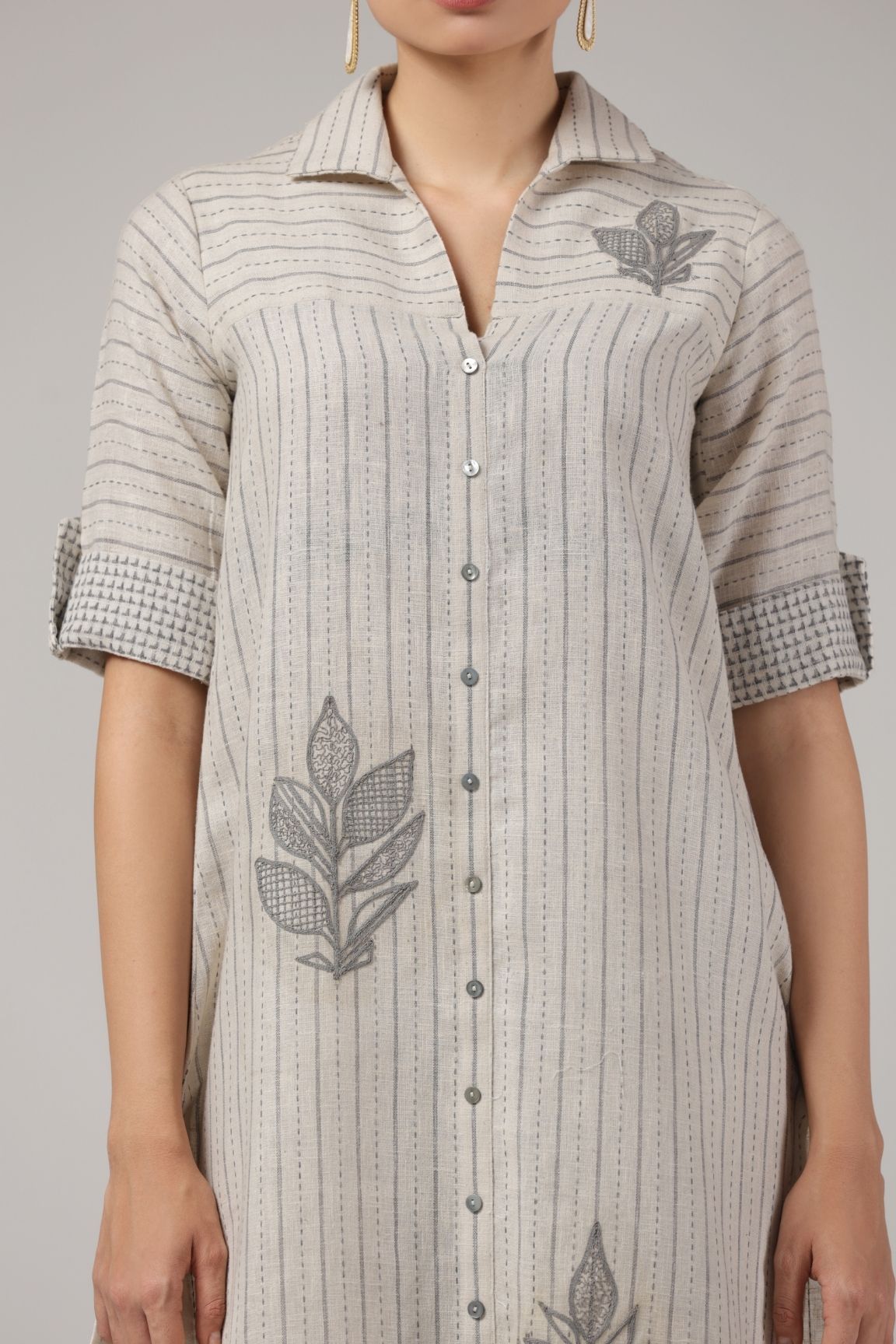 Beige Striped Embroidered Linen Kurta Set