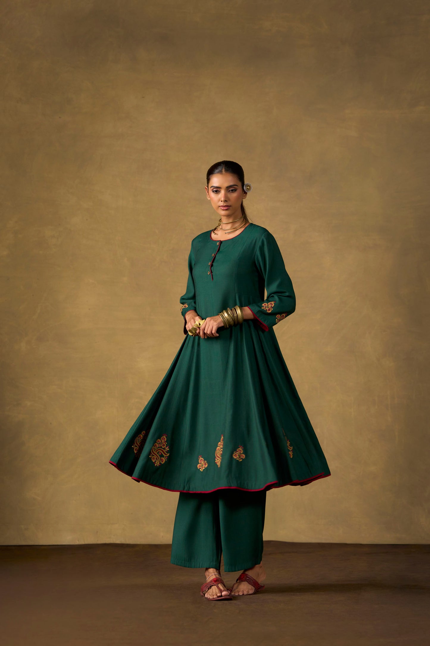 Emerald Ease Embroidered Kurta Set with Printed Dupatta