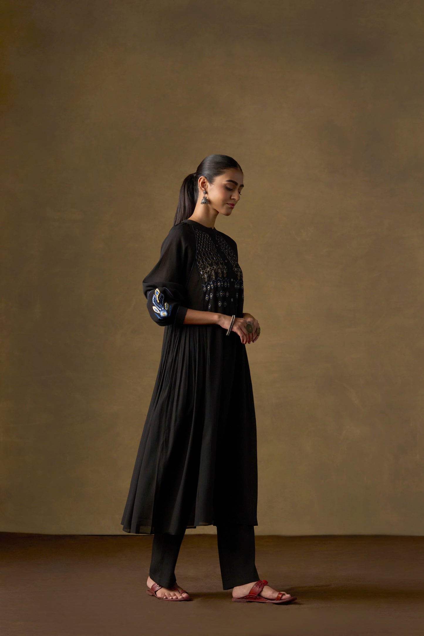 Onyx Black Embroidered Tiered Long Co-ord Set