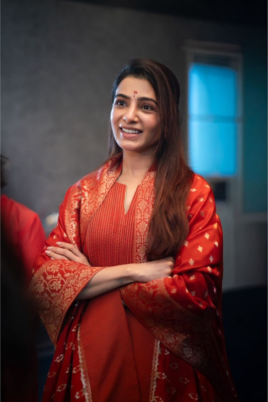 Rust Red Chanderi Silk Suit Set with Banarasi Dupatta