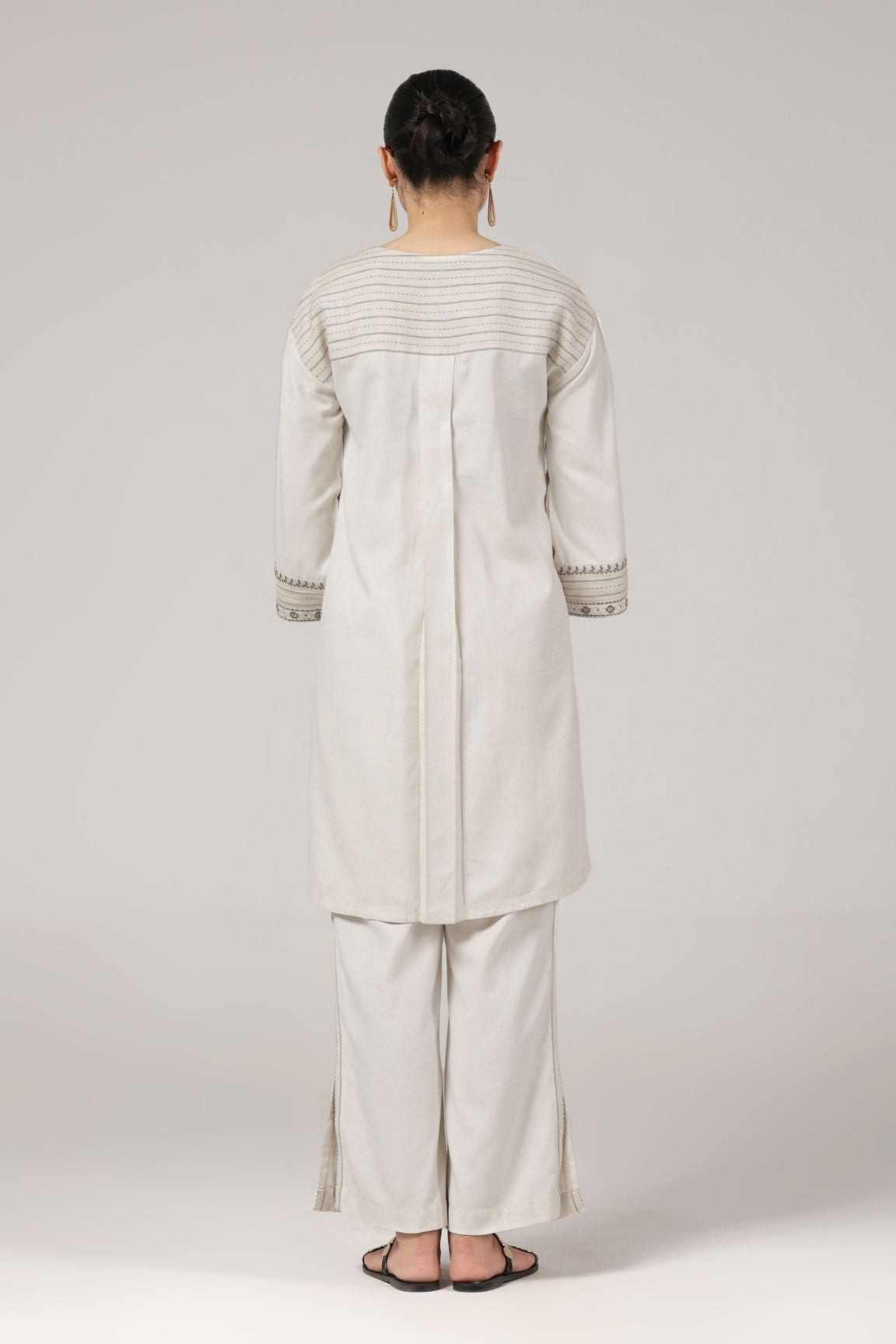 Off-White Embroidered High-Low Kurta Set