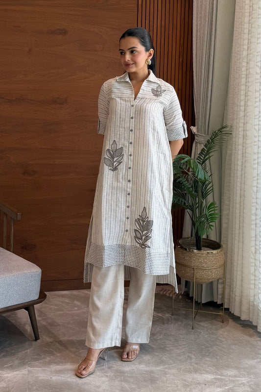 Beige Striped Embroidered Linen Kurta Set