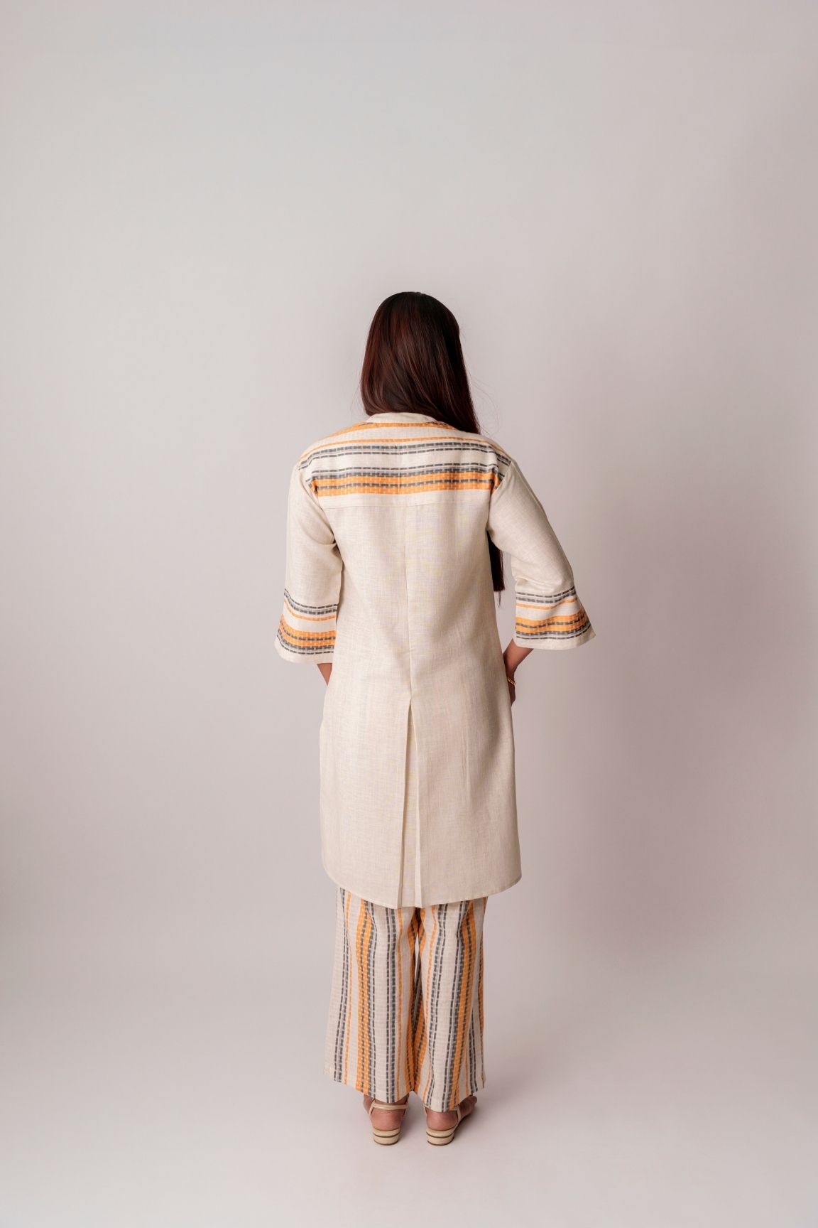 Cream & Mustard Handwoven Striped Cotton Kurta Set