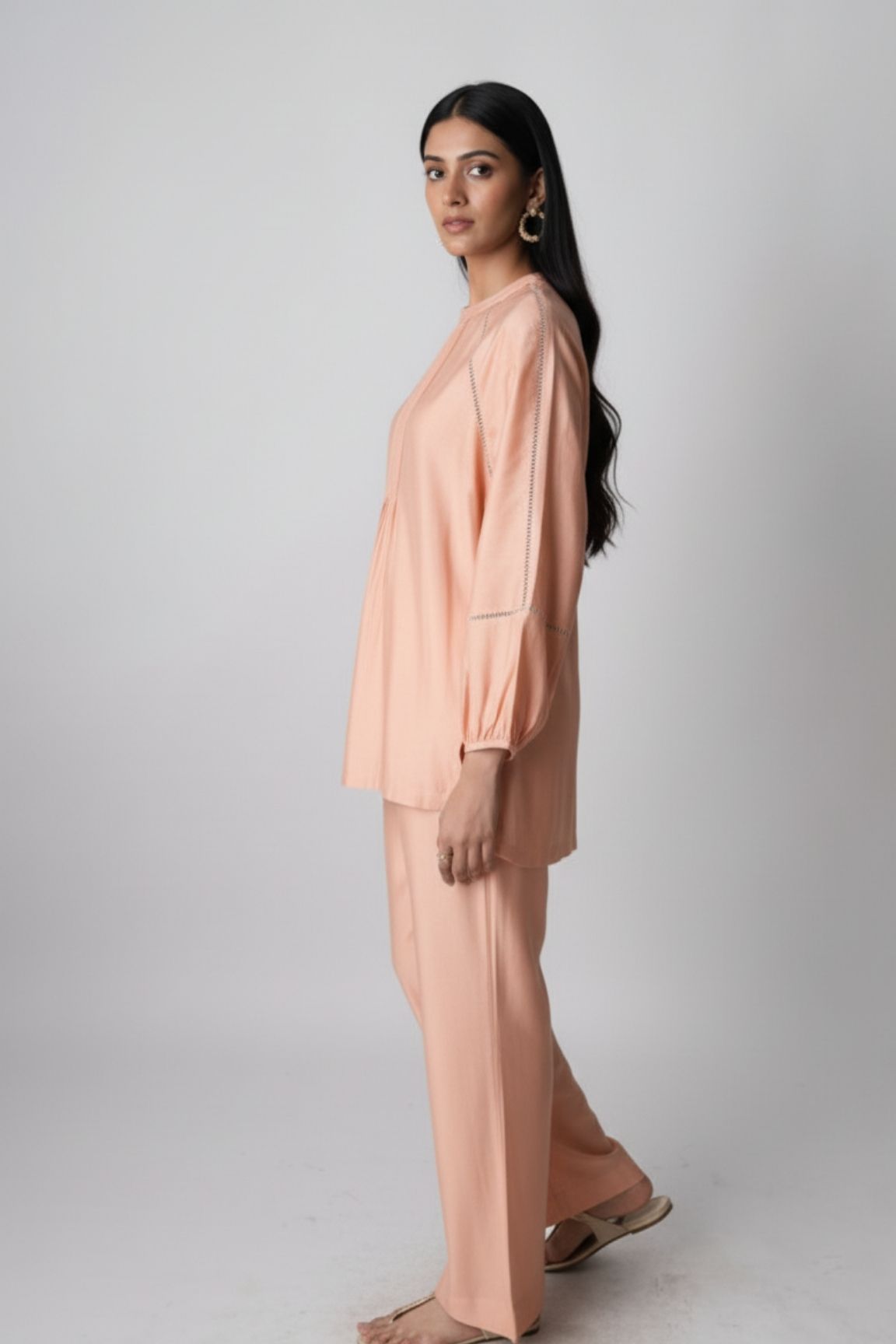 Peach Floral Embroidered Satin Co-ord Set