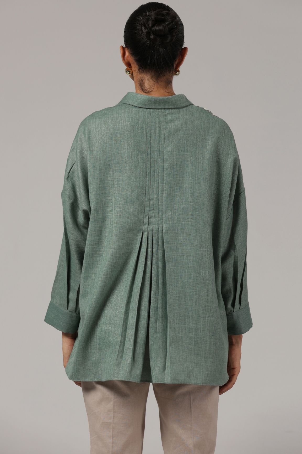 Sage Green Embroidered Collared Relaxed Shirt