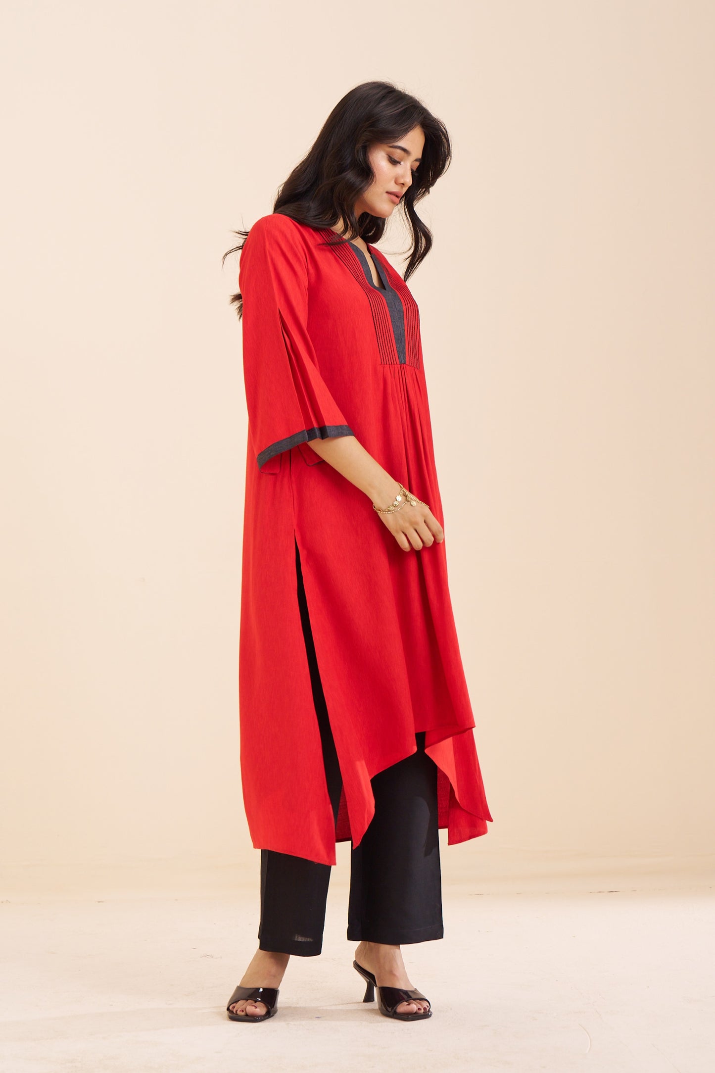 Classic Red V-Neck Kurta with Pleat Detailing in Viscose Blend