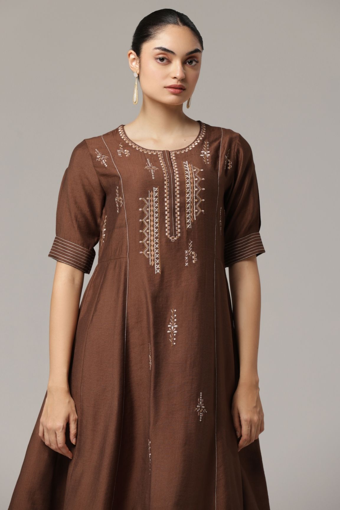 Cocoa Brown Embroidered Cotton Satin A-Line Dress
