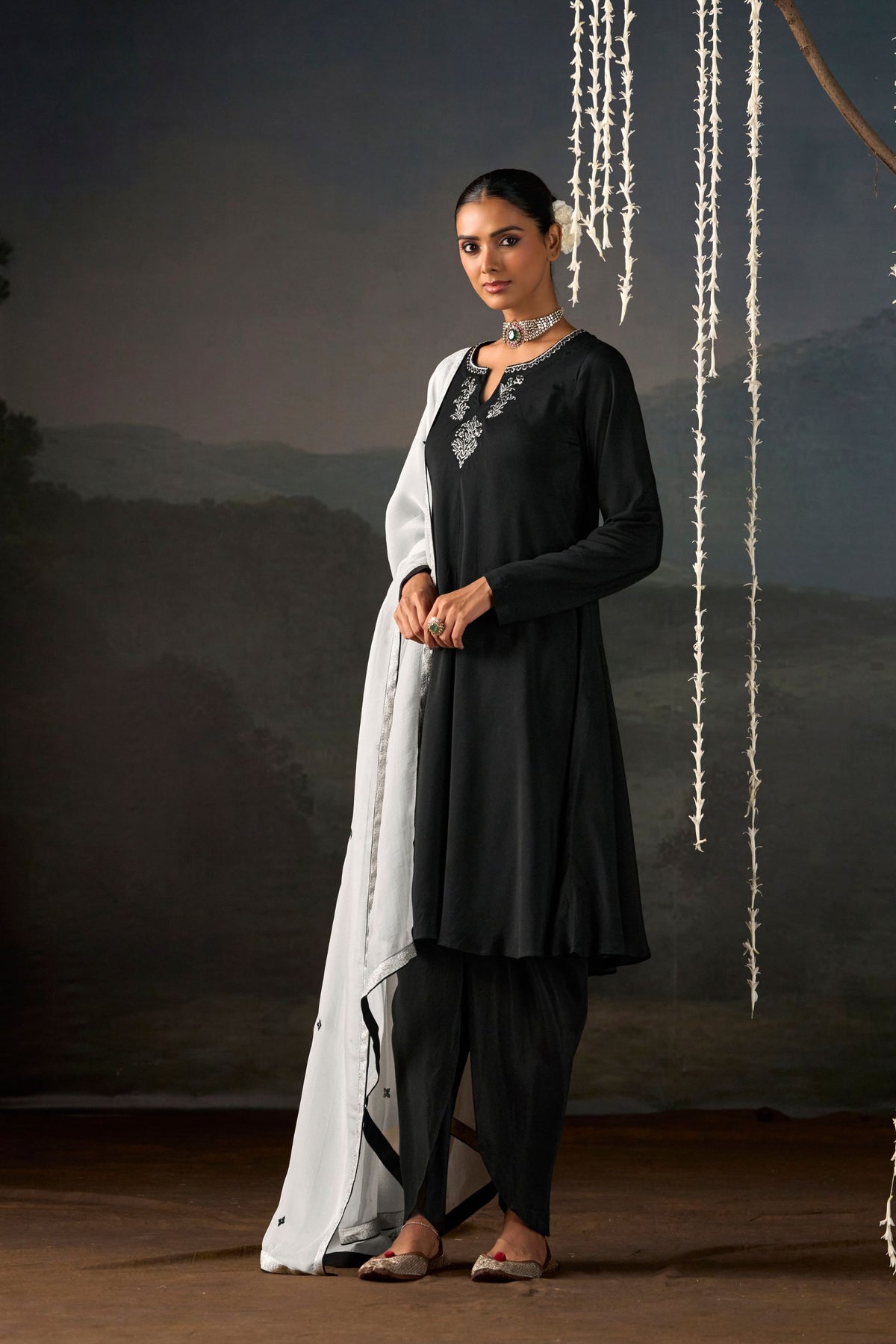 Moonlit Noir Anarkali Suit Set with Dupatta