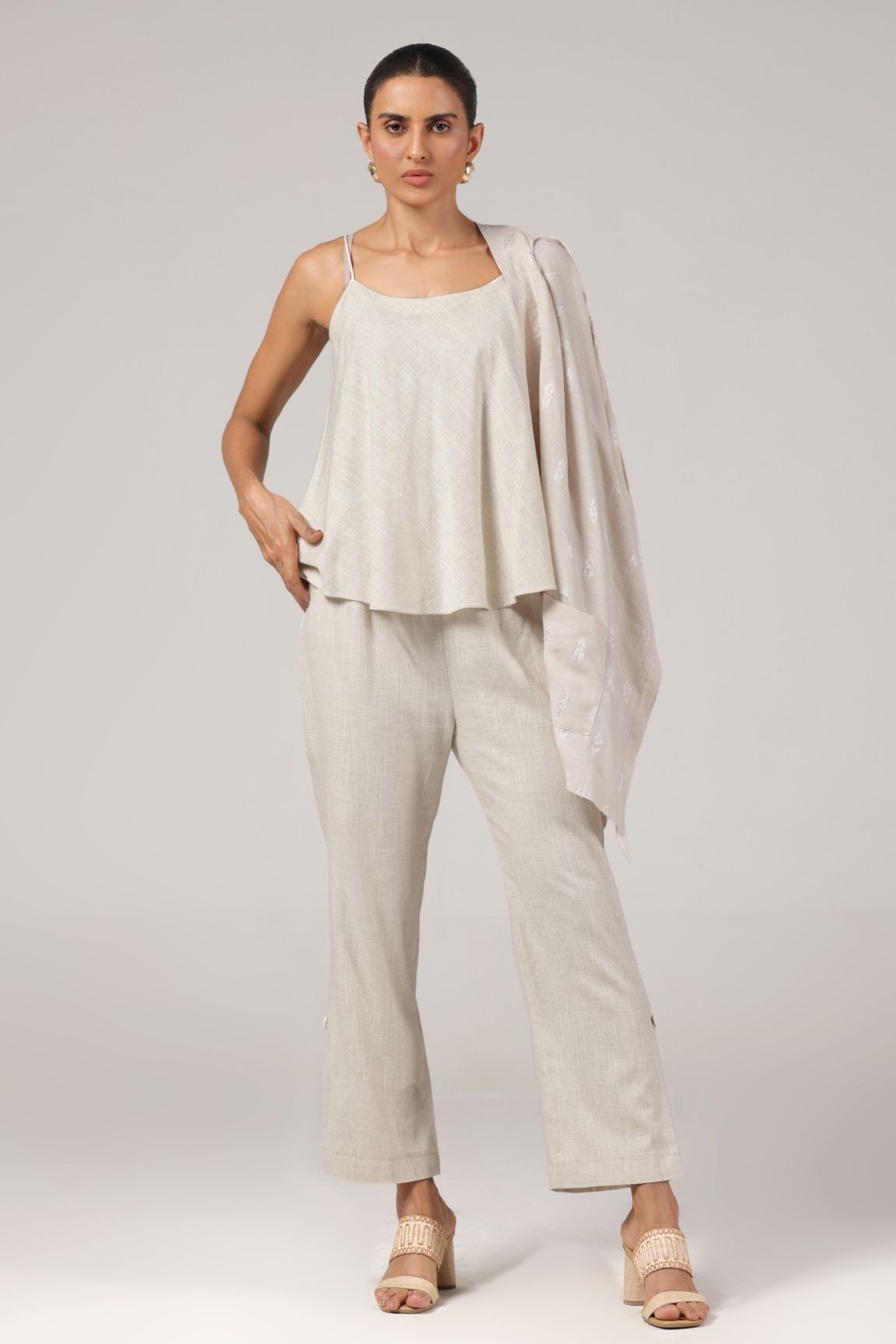 Off-White Textured Drape Overlay Cotton Blazer Set