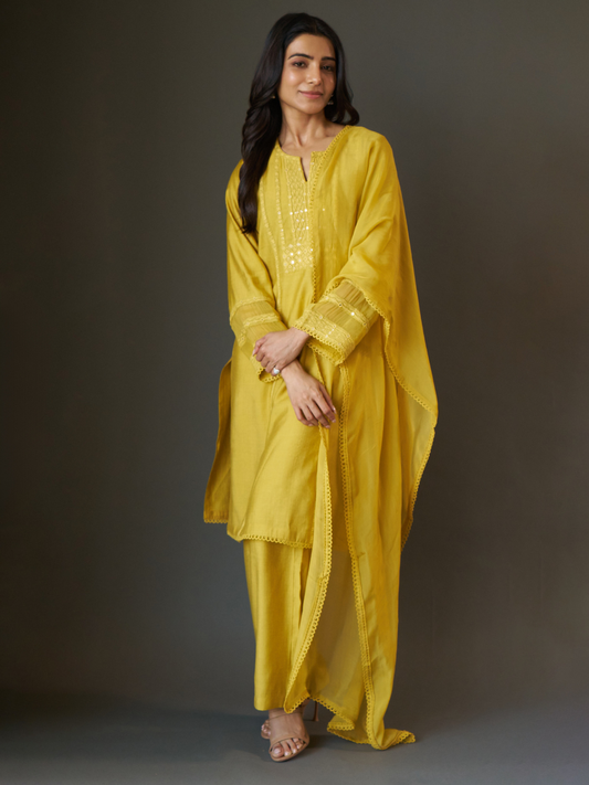 Sunlit Mustard Viscose Blend Kurta Set with Sheer Organza Dupatta