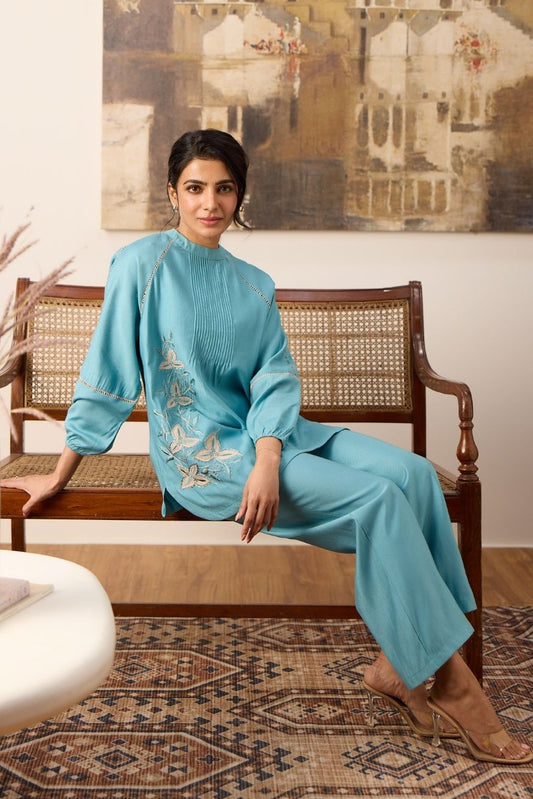 Teal Blue Pleated Floral Embroidered Co-ord Set