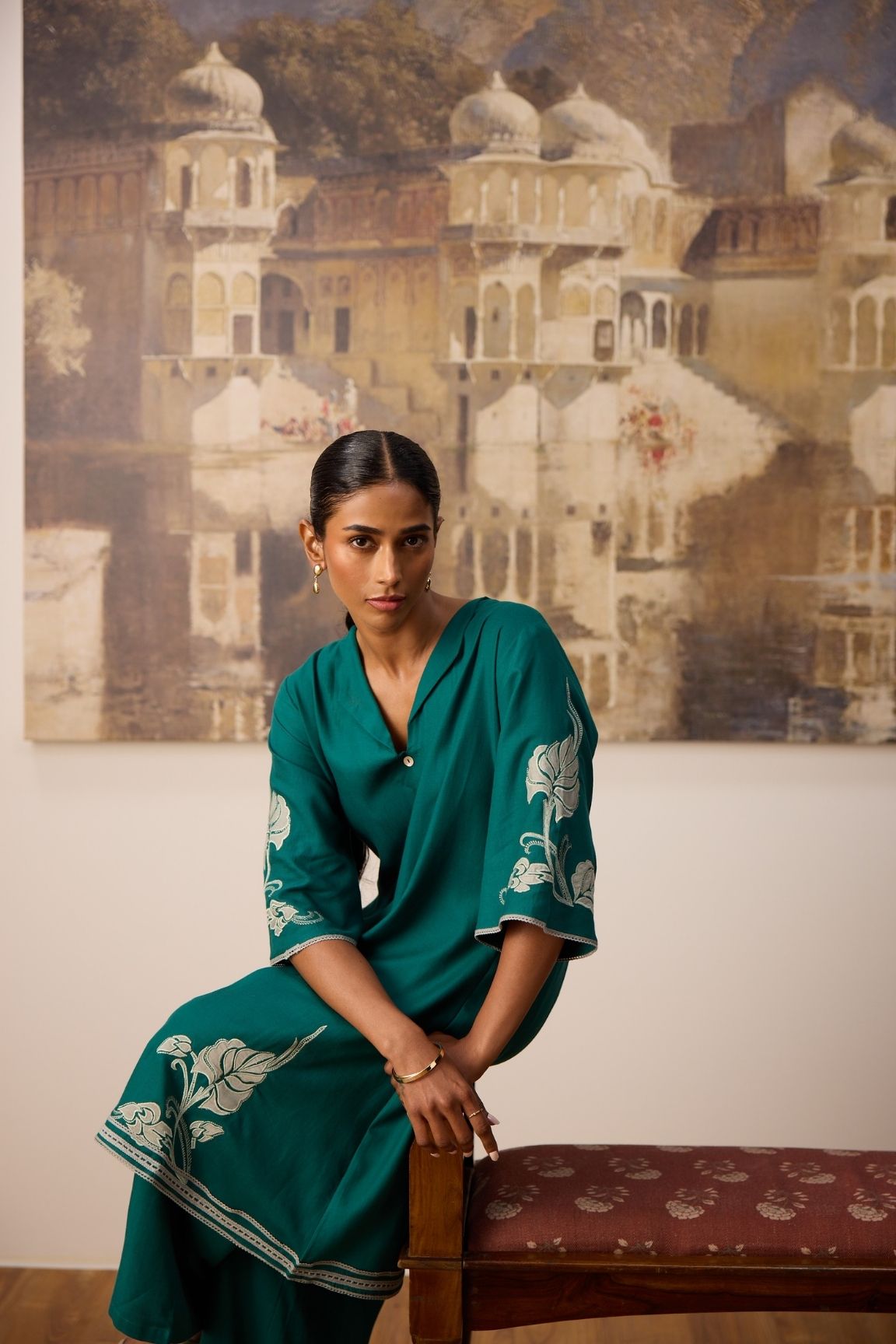 Emerald Green Floral Embroidered Cotton Kurta Set