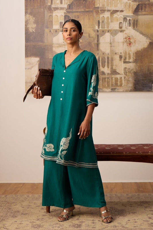 Emerald Green Floral Embroidered Cotton Kurta Set