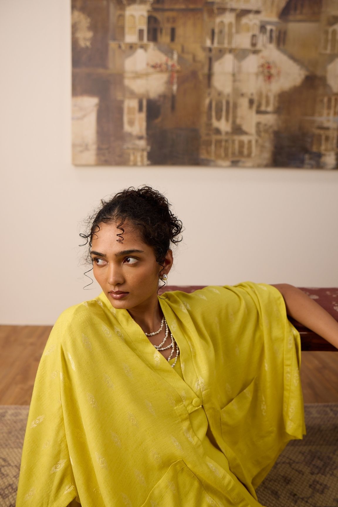 Mustard Yellow Handwoven Cape Blazer Set