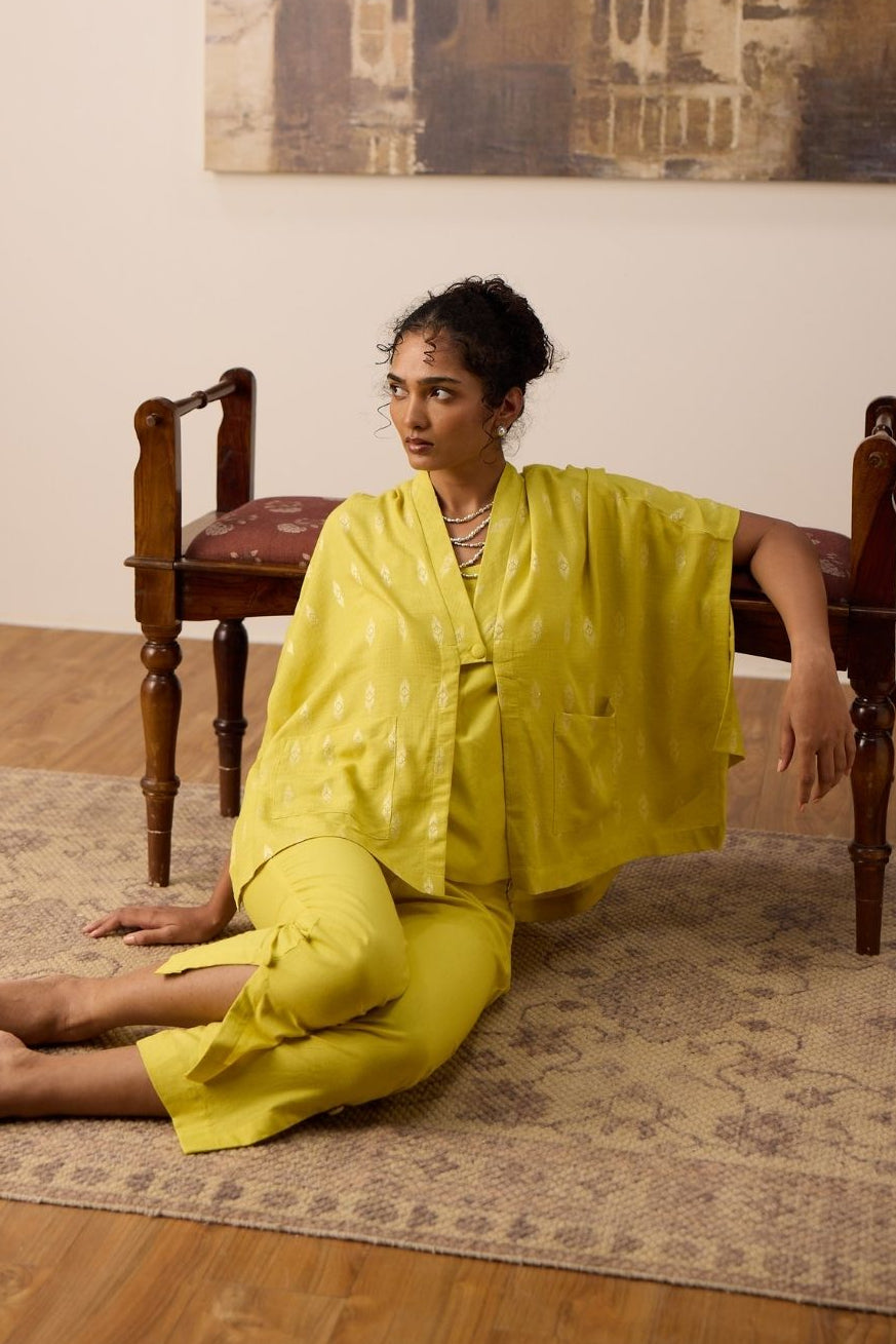 Mustard Yellow Handwoven Cape Blazer Set